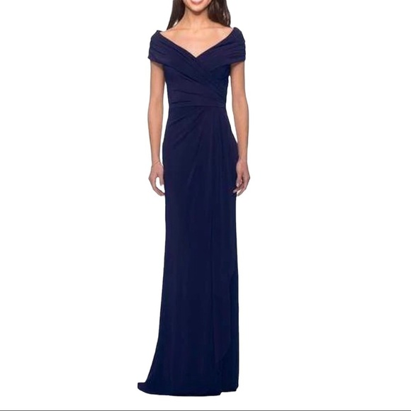 La Femme Off The Shoulder V Neck Long Sheath Gown Dress Blue Size 10 Formal - Picture 1 of 9